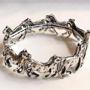 Silver Horse Charm Bracelet Country Western Cowgirl Silver Plated Stretch
